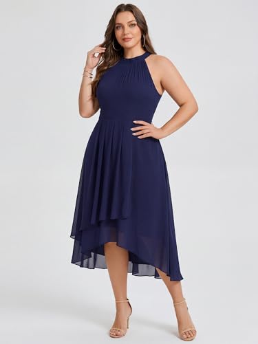 Image of Ever-Pretty Plus Women's Sleeveless Halter A Line Pleated High Low Plus Size Wedding Guest Cocktail Dresses 31926-DA