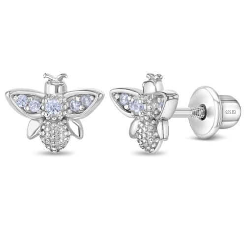 925 Sterling Silver Polished Honey Bee Earrings With Clear Cubic Zirconia Stones For Little Girls - Small Bee Shaped Earrings For Young Preteen Girls - Bug Earrings For Nature Lovers