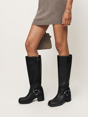 Image of Women's Knee High Riding Boots Chunky Heel Wide Calf Motorcycle Boots with Side Zipper