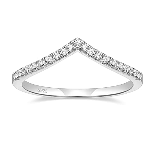 925 Sterling Silver Rings for Women Ladies Wedding Band V Shaped Heatbeat Pattern Cubic Zirconia Engagement Eternity Ring Thin Stackable Comfort Fit Size 4-12
