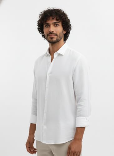 Image of Men's Linen Cotton Shirt | Solid Design | Full Sleeve | Regular Fit | Button Down Collar | Summer Casual & Formal Wear