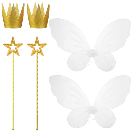 Sratte 6 Pcs Halloween Girls Fairy Costume Set Fairy Wings Dress Up Wings Star Wand and Gold Crowns Halloween Costume Dress Up Accessories 13 Inches Gold Wand Party Crowns Birthday Decorations