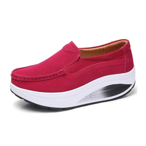 Image of Aceptolcom Women's Red Suede Platform Wedge Loafers, Casual Comfort Good Arch Support Slip On Shoes, Size 4.5-9.5
