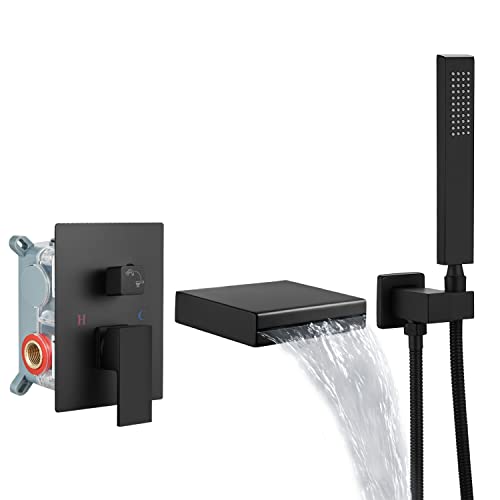 Cinwiny Matte Black Wall Mount Tub Filler Spout With Hand-Held Shower Single Handle Bathtub Shower Faucet Set Rough-In Valve Brass #TOP22