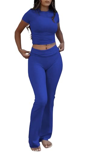 Nimsruc Two Piece Lounge Sets For Women Summer Outfits Short Sleeve Petite Pant Sets Comfy Matching Clothing Royal Blue M