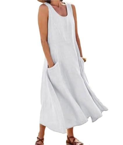 Soulolo Leinenkleid Damen Ärmellos Baumwoll Leinen Sommerkleid Lose Maxikleid Einfarbig Freizeitkleid A Linien Kleid Casual Rundhals Strandkleid Boho...