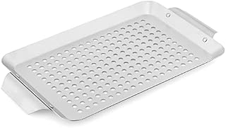 Navaris BBQ Grill Basket - Grilling Barbecue Steel Pan Tray for Cooking Meat Fish Vegetables with Holes - Outdoor Grilling Accessories - 27.2 x 18.1cm