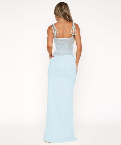 Image of Women Sexy Lace Patchwork Maxi Dress Spaghetti Straps Y2K Sheer Long Bodycon Club Cocktail Long Dresses