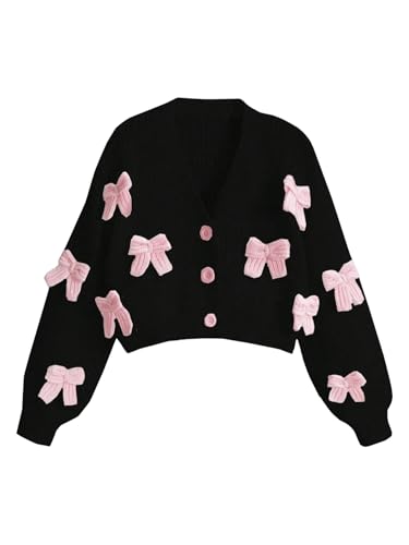 Image of BEAUDRM Women's Plus Size Bow Crop Sweater Cardigan V Neck Button Up Long Sleeve Cute Cardigans