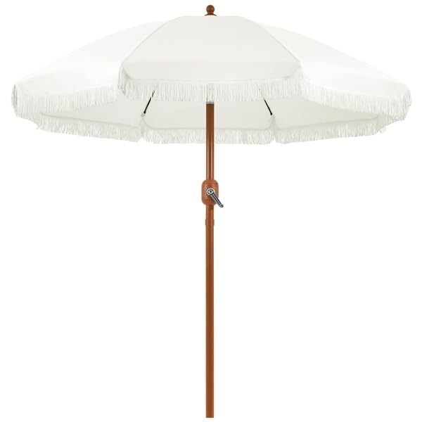 Yaheetech Ombrellone da Spiaggia Giardino Inclinabile con Frange 215 cm in Poliestere e Metallo con Borsa per Trasporto Protezione UV Esterno Cortile Piscina Crema