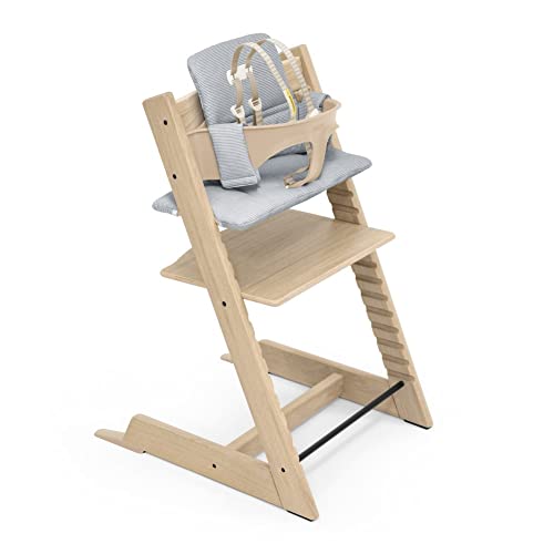 Image of Stokke Tripp Trapp High Chair and Cushion with Tray - Natural with Nordic Grey - Adjustable, Convertible, All-in-One High Chair for Babies & Toddlers