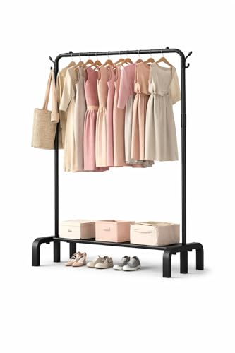 Image of Raawan Heavy Duty Double Rod Clothes Rack with Side Storage Shelves | Metal Garment Stand Organizer | Space Saving Cloth Hanger Stand for Bedroom, Living Room & PG (1 LAYER BLACK)