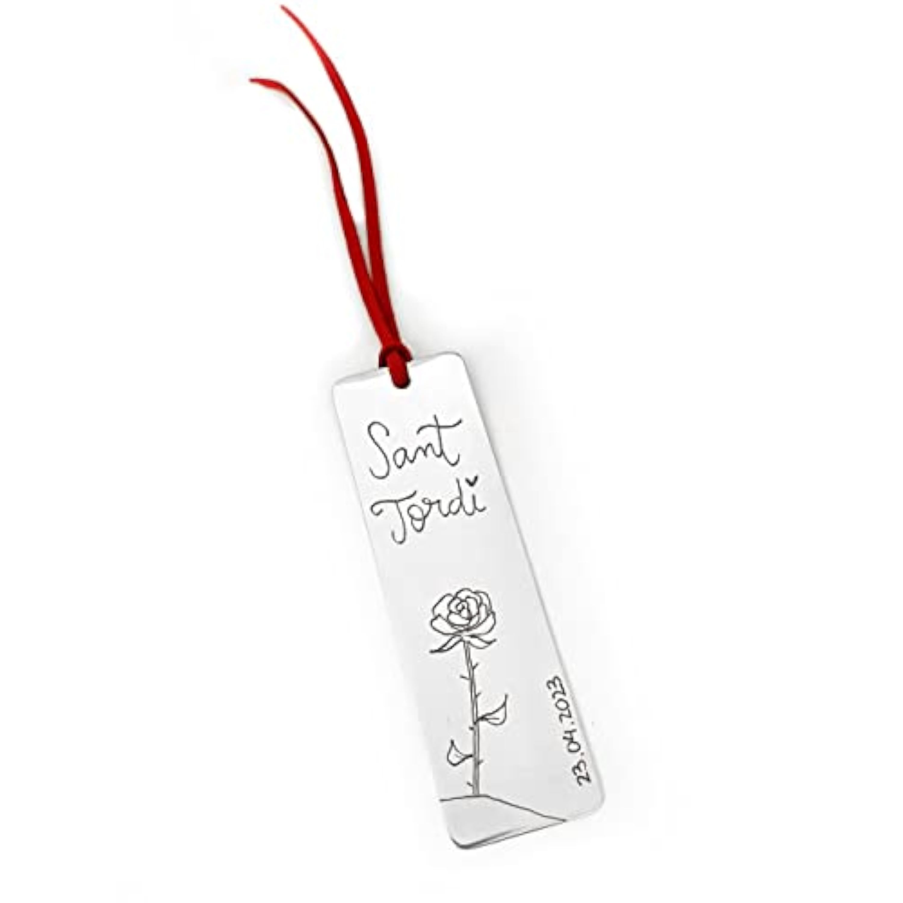 Marcapáginas Personalizado Sant Jordi de Aluminio – Punto de Libro con Rosa y Nombre Grabado a Mano – Regalo Original Día del Libro y Sant Jordi – Hecho en Catalunya