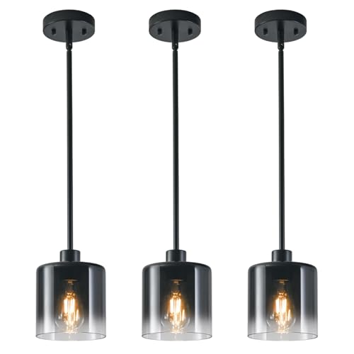 Image of 3-Pack Black Pendant Light Fixtures, Modern Pendant Lights for Kitchen Island with Adjustable Rods, Industrial Glass Pendant Lights for Dining Table Hallway Bedroom Living Room
