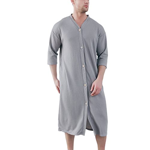 Jinda Men's Soft Robe Button Down House Coat Nightgown Summer V Neck Comfy 3/4 Sleeve Housecoat Sleep Shirt