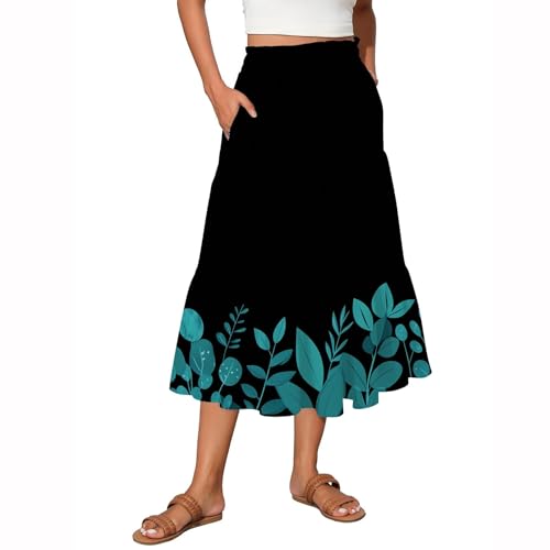 Midi Skirts for Women 2025 Boho Floral Skirts High Elastic Waisted A Line Tiered Ruffle Skirt Flowy Skorts with Pockets