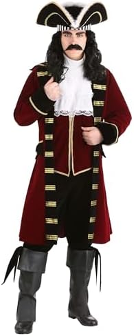 Adult Deluxe Captain Hook Costume Mens, Maroon Fancy Pirate Never...