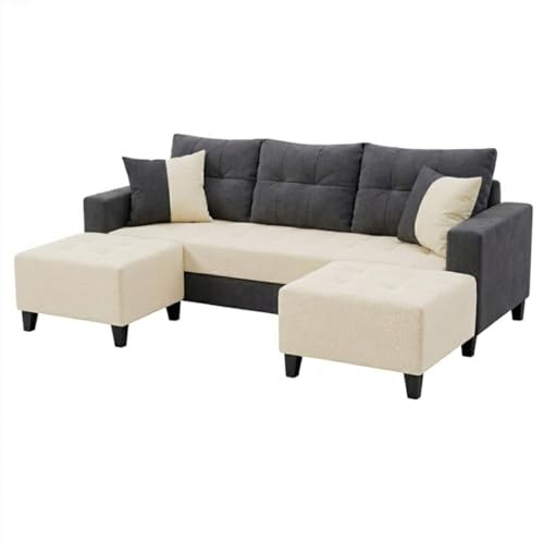 Image of SLEEPIFY Harlon Velvet-Suede Fabric 3 Seater Sofa Set with 2 Ottoman (Dark Gray - Cream) | Comfortable & Spacious Seating | Modern Sofa Set for Living Room | Soft Touch Upholstery