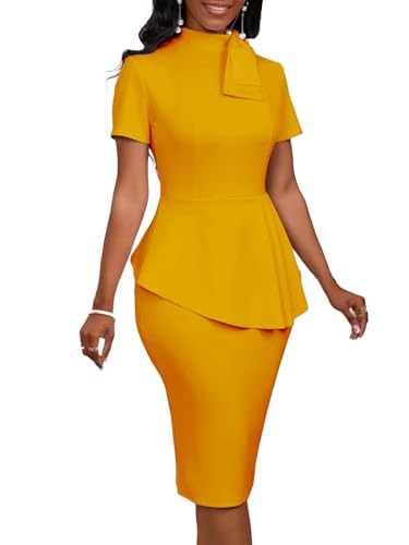 Image of WanMem Women Formal Bodycon Peplum Cocktail Dress Short Sleeve Bow Ruffle Pencil Party Midi Dresses