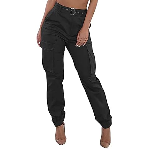 Buetory Womens High Waisted Cargo Military Pants with Pockets Casual Loose Combat Twill Work Trousers Chinos Sweatpants(Black,Medium) Cover