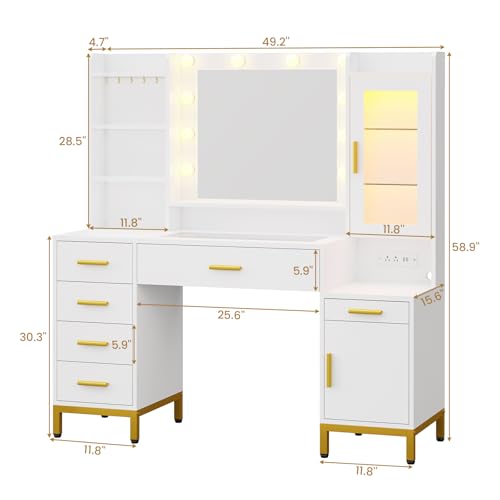 UPOSOJA 49.2'' White Large Vanity Desk with Lighted Mirror,Charging Station,6 Drawers and RGB Cabinets, 3 Lights Mode and Brightness Adjustable,Jewelry Organizer, Dividers, Necklace Hooks