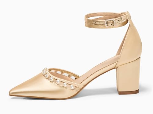 Coutgo Womens Pearl Chunky Heels Wedding Shoes for Bride Closed Pointed Toe Ankle Strap Satin Pumps4