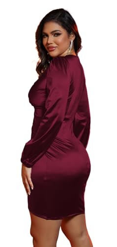 Image of FairyLove Women's Elegant Empire Waist Long Sleeve Wedding Guest Party Cocktail Bodycon Irregular Satin Dresses
