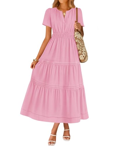 Image of ZESICA Women's Summer Casual Short Sleeve Midi Dresses 2026 V Neck Elastic Waist Tiered Flowy Boho Dress with Pocket