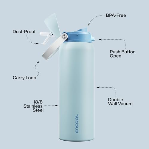 Image of Insulated Water Bottle with Straw - Encool Stainless Steel Water Bottle with Push Button Lid, Leak-Proof & BPA-Free, Keeps Cold for 24 Hours for Sports, Travel, Gym (40 oz, Jungle Mist)