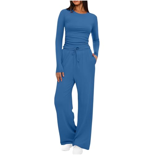 AMhomely Survêtement pour femme – Col rond – Froncé – Vêtement de détente ample – Couleur unie – Ensemble 2 pièces – Tenue assortie pour la salle de sport