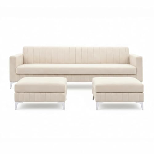 Image of Amelia 5 Seater L Shape Sofa Set with 2 Movable Ottomans | Flexible Layout | Rich Velvet Suede Fabric | Silver Legs | Spacious Soft Touch Seating | Modern Sofa for Living Room (Cream)