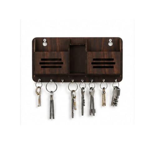 Image of Wooden Key Holder for Wall | Key Hanger Organizer with Storage Slots & Multiple Hooks | Wall Mounted Key Stand for Entryway, Home & Office