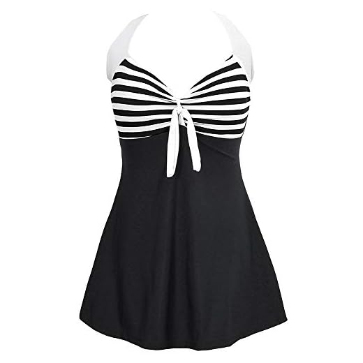 BOZEVON Bañador Tallas Grandes para Mujer - Cuello Halter Retro Traje de Baño una Pieza con Falda, Blanco-Schwarz 1/(EU 40-42) 2XL