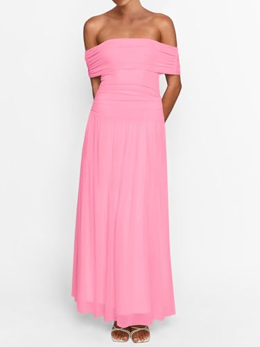 Image of MASCOMODA Women Off The Shoulder Mesh Maxi Dress Bodycon Ruched Formal Sleeveless Pleated Cocktail Wedding Guest Long Dresses
