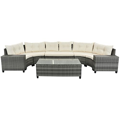 Optough 8-Pieces Outdoor Sofa, Conversation Sectional Weather,Patio Furniture Set With Rectangular Coffee Table, Pe Rattan Water-Resistant And Uv Protected, Movable, Gray Wicker+Beige Cushion #TOP5