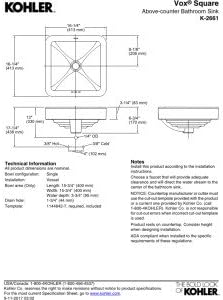 Technical drawing of the KOHLER Vox Square Vessel Bathroom Sink with detailed measurements and installation notes.