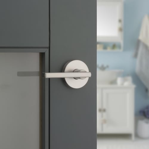 Kwikset Halifax Interior Privacy Door Handle with Lock, Round Lever for Bathroom and Bedroom, Satin Nickel Reversible Keyless Push Button Lock Door Lever, with Microban Protection by Kwikset - Image 2