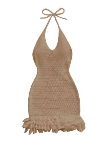 Image of GORGLITTER Women's Vacation Outfit Crochet Halter Knit Bubble Mini Dress Sexy Beach Cruise Summer Miami Resort Outfits