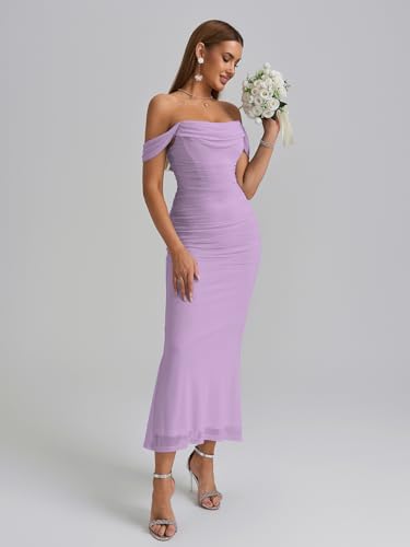Image of KUTUMAI Off The Shoulder Maxi Long Dress Corset Ruched Bodycon Cocktail Formal Wedding Guest Dresses for Women