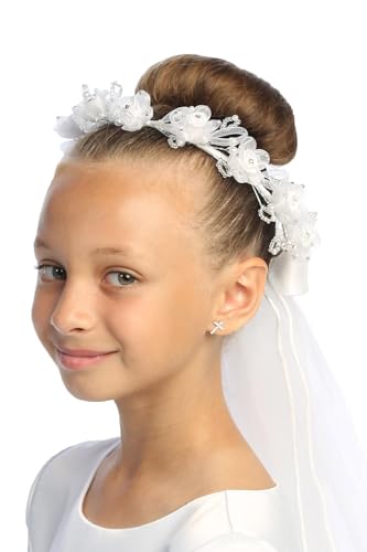 Pink Princess Holy 1st Communion Veils for Girls - Velos para Primera Comunion - White veil for kids - First Communion Veil for Girls 7-16