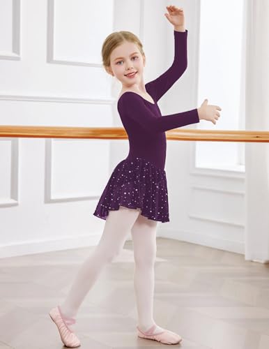 Image of Arshiner Girls Long Sleeve Ballet Leotards with Shinny Skirts Criss-Cross Back Dance Dresses