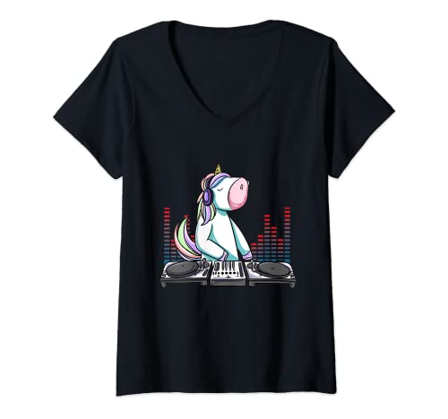 Mujer Mezclador de cubierta tocadiscos DJ Controller Unicorn Camiseta Cuello V