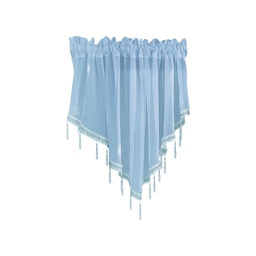WUMUZAI 1Pcs Blue Sheer Valance Curtains 51.2 x 23.6 Inch, Beaded Swag Valances for Windows Living Room Kitchen Bedroom Bathroom, Short Top Farmhouse Valance Curtains with Rod Pocket Tassel Voile
