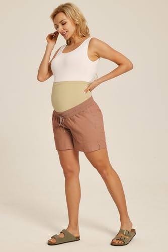 Maternity Cotton Shorts with Pockets High Waist Casual Drawstring