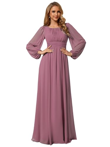 Ever-Pretty Abendkleider Elegantes Damen Für Hochzeit Lang Langarm Brautjungfernkleid Chiffon V-Ausschnitt Ballkleider Orchidee 40