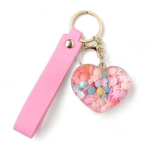 Image of Wanna Party Heart Shaped Beads Keychain with Pink Wrist Strap, Cute Bag Charm Key Ring for Girls, Backpack Accessories, Birthday Return Gifts, Party Favors, School Bag Decoration - 1PC