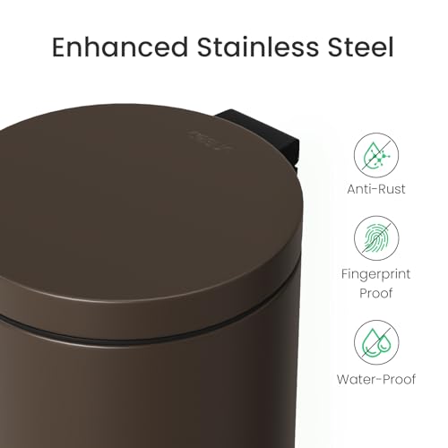 Image of Cesun 1.2 Gallons Small Brown Trash Can, Bathroom Garbage Can with Lid and Foot Pedal, Mini Round Wastebasket for Bathroom, Bedroom, Office, 4.5 Liters / 1.2 Gallons, Brown
