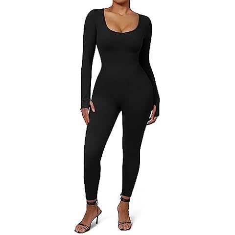 MOOSLOVER Women Ribbed One Piece Jumpsuits Square Neck Long Sleeve Workout Yoga Jumpsuits Cover
