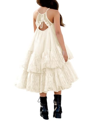 Batermoon Girls Lace Backless Tulle Dress Halter Neck Boho Flower Girl Sleeveless Ruffle Swing Party Dress4