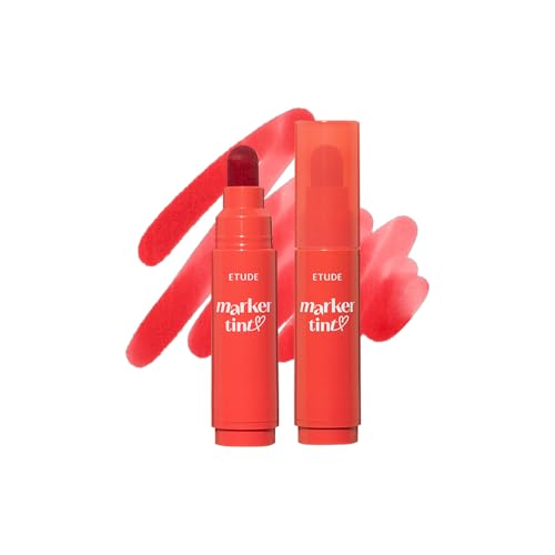 ETUDE Dear Darling Marker Tint| Hydrating & Long Lasting Lip Stain | High Pigmented Lip Maker with Easy Drawing Tip | Korean Lip Tint, Korean Makeup, Kbeauty, 03 Apple Candy- 3.5g
